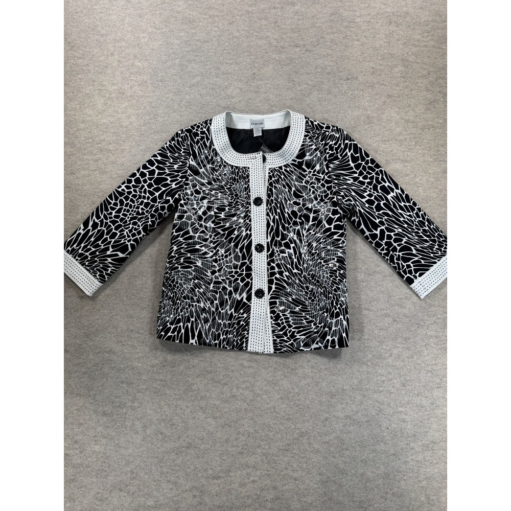 Chicos Sparkling Firecracker Benetta 3/4 Jacket Women 1 Black White Animal Print